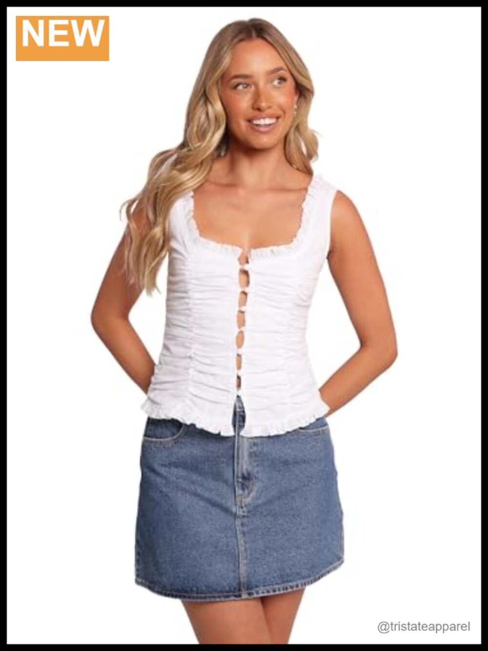 Cotton White Cropped Tank Top with Functional Buttons